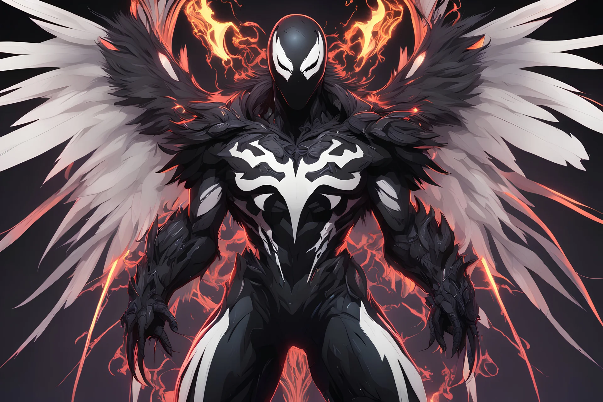 Venom machine in 8k solo leveling shadow artstyle, crow them, feathers, big wings, neon effect, close picture, full body, apocalypse, intricate details, highly detailed, high details, detailed portrait, masterpiece,ultra detailed, ultra quality