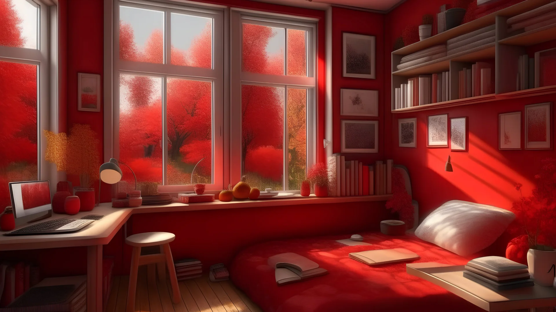 Cozy and beautiful red Girl room It is inspiring and full of beautiful things, and there are posters and pictures on the wall with desk and big window Overlooking a quiet autumn scene with rainy weather, there is a cup of coffee Where steam comes out of the cup on the desk