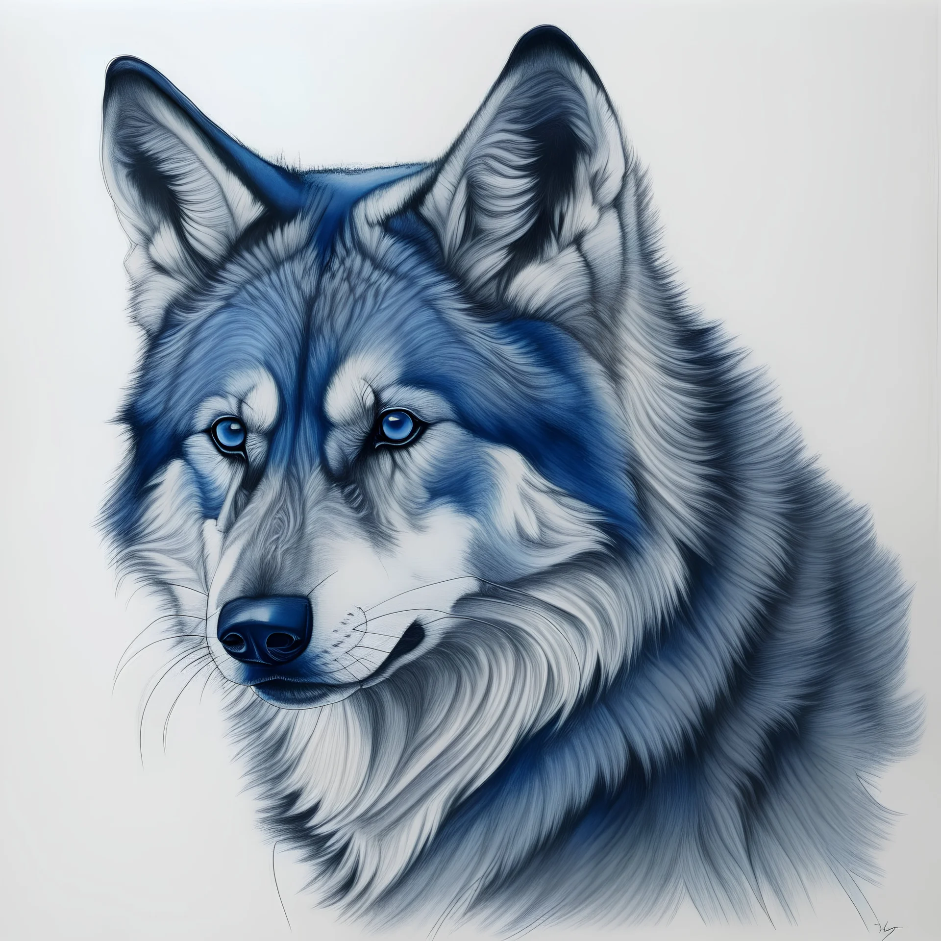 Drawing of wolf with silver and dark blue fur