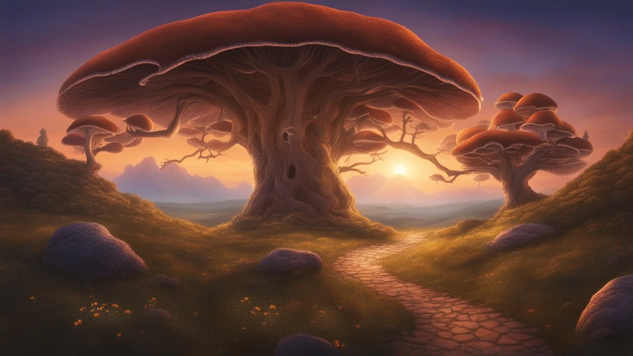 A dreamy landscape with mushrooms and a old, huge tree in the center. Fantasy roads of light going towards the tree. The sun is going down behind the tree. Mountains in the background. Digital Art, Masterpiece. Fantasy. Dream. Dreamy. Surreal.