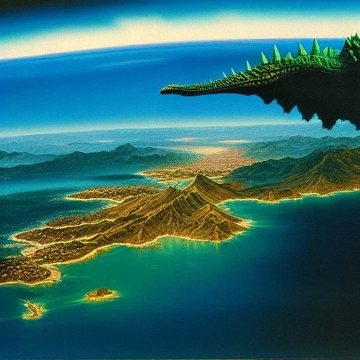 Drawing of 'Godzilla Earth',aerial view, painting by Earl Norem, simon Bisley,frazetta,西嘛哒, evan lee, Vallejo,kelly oil on canvas, cinematic composition, extreme detail,fit full head inside picture,8k