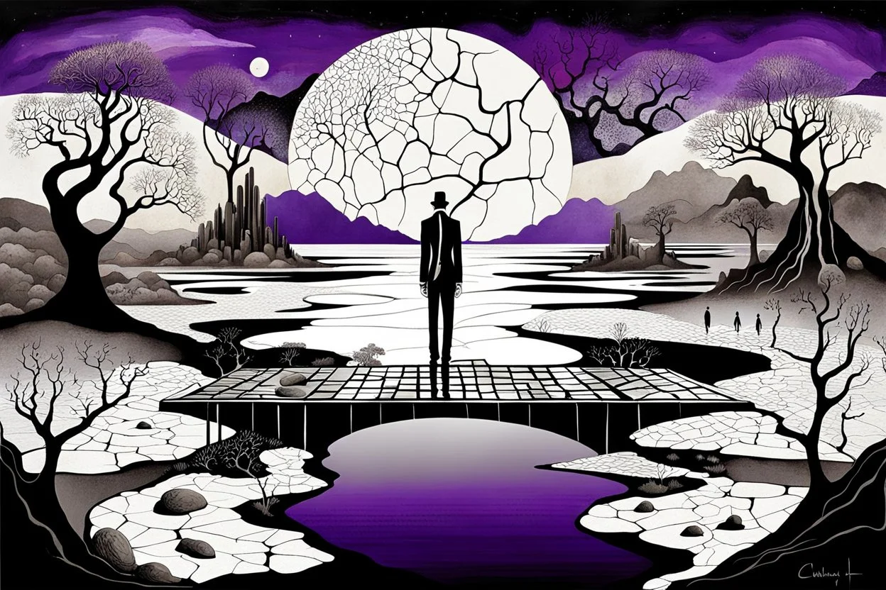 inner world , atypical world, in midle an alone human figure stands on the thin bridge with a big map his hands , weird whimsical landscape, forest, and Sahara water and rocks,, around surreal cracked painted weird land with some black doors. dark purple, gray, black, white, brown. Whimsical style of Chagall , of Minjae Lee and René Magritte, lonely face with absurd beauty. broken, weird bizarre absurd nightmare, labirynth, dark vision, neuron network background, surreal vibe, stunning absurd