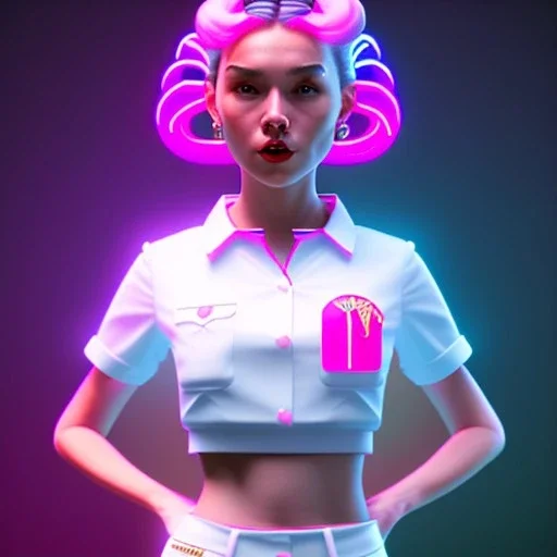 waitress teenager, rounded face, pink hair, flushed cheeks, striped shirt, pub background, neon ambient light, vibrant color, pop style, highly detailed, art stations, concept art, smooth, unreal engine 5, god rays, ray tracing, RTX, lumen lighting, ultra detail, volumetric lighting, 3d, finely drawn, high definition, high resolution.