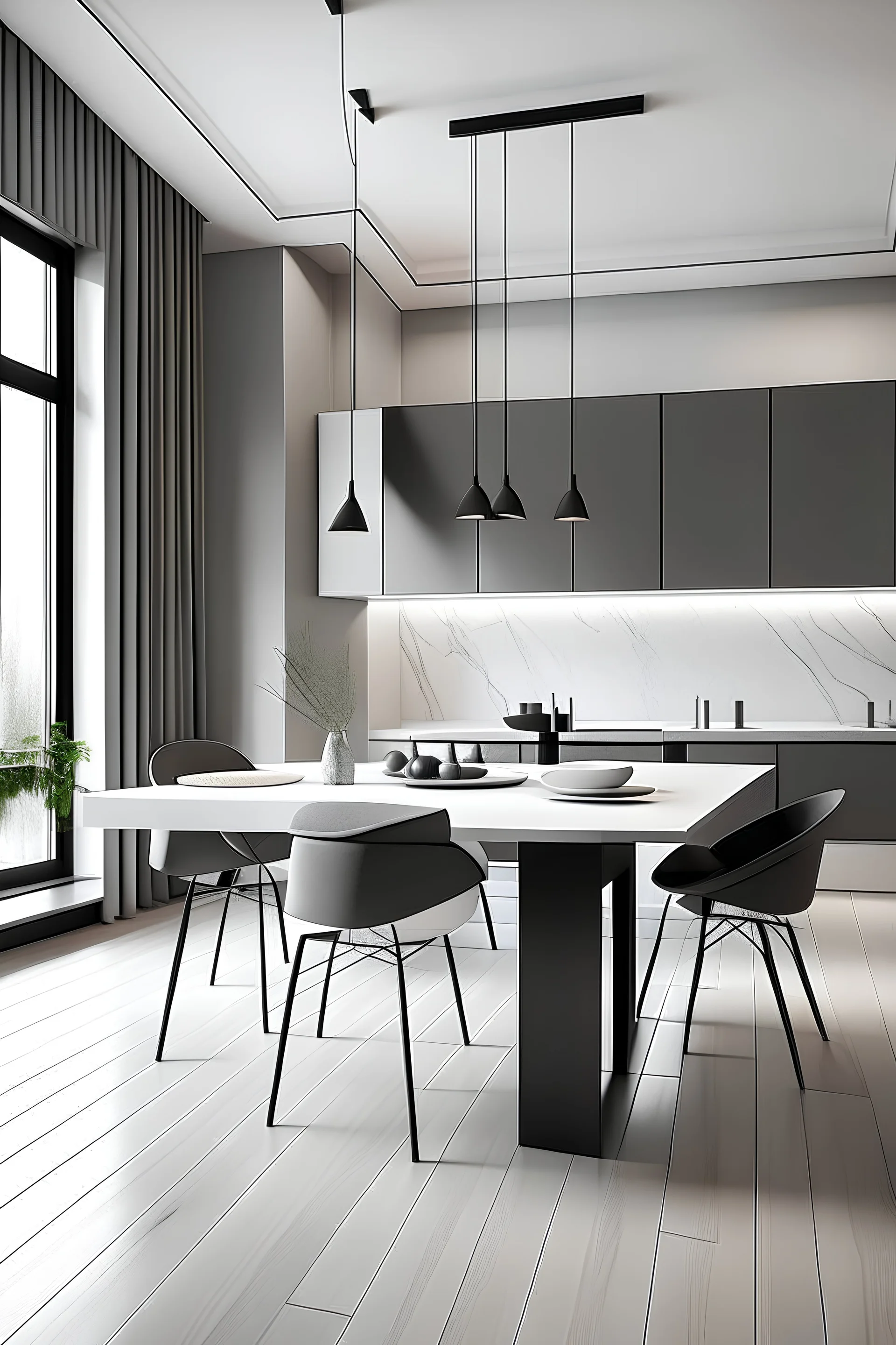 Illustrate a Minimalist Fusion Kitchen, blending traditional and futuristic elements for a sleek and cozy dining experience. Clean art line, no shadows, clean details