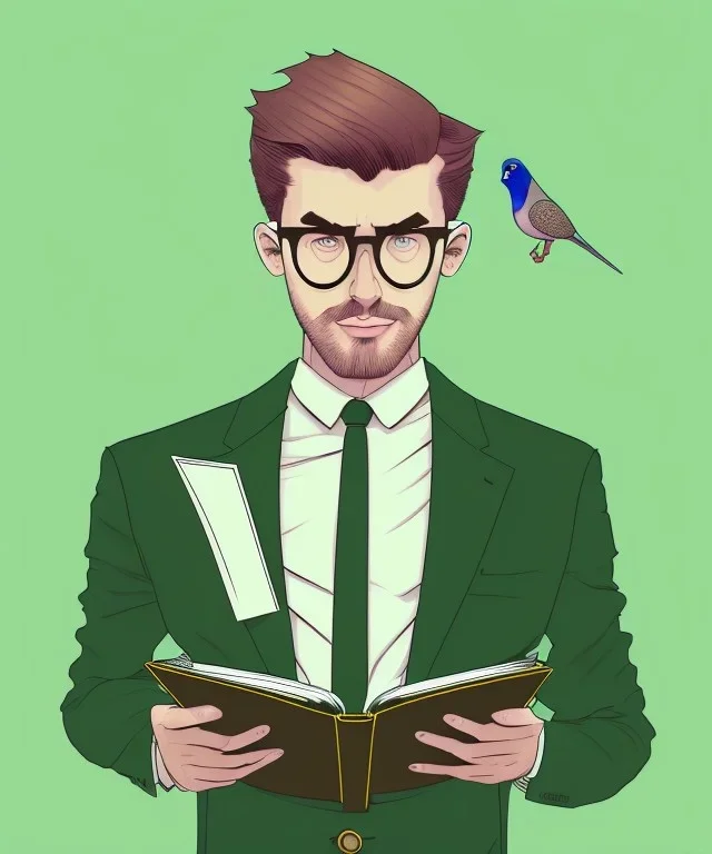 Fit man in round glasses with bookshelf in background,no beard, reading book, slim, tie, monotone, green eyes, comic book style, two tone colours, detailed, ink, realistic, handsome, square jaw, big brows, no jacket, bird on the shoulder, spotlight