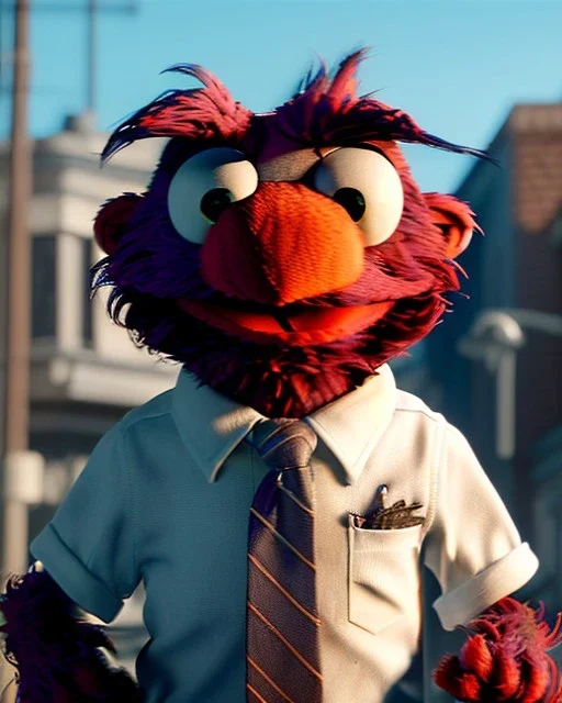 hybrid character, Elmo muppet head, realistic man body, human arms and hands, Shirt and tie, concept art, smooth, unreal engine 5, god lights, ray tracing, RTX, lumen lighting, ultra detail, volumetric lighting, 3d, finely drawn, high definition, 4k.