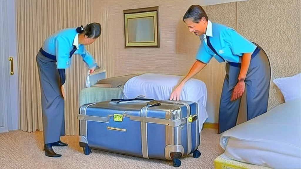 paranoid housekeeping taking a suitcase out of someone's room