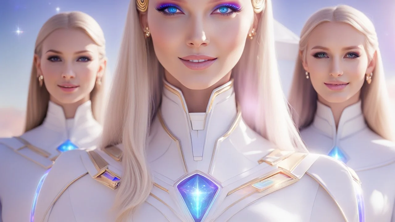 cosmic woman ,beautiful ufos rainbow, admiral from the future, galactic confédération, fine whole face, crystalline skin, expressive purple eyes,rainbow, smiling lips, very nice smile, costume pleiadian, Beautiful tall woman pleiadian Galactic commander, ship, perfect datailed golden galactic suit, high rank, long blond hair, hand whit five perfect detailed finger, amazing big puple eyes, mouth, high définition lips, cosmic happiness, bright colors