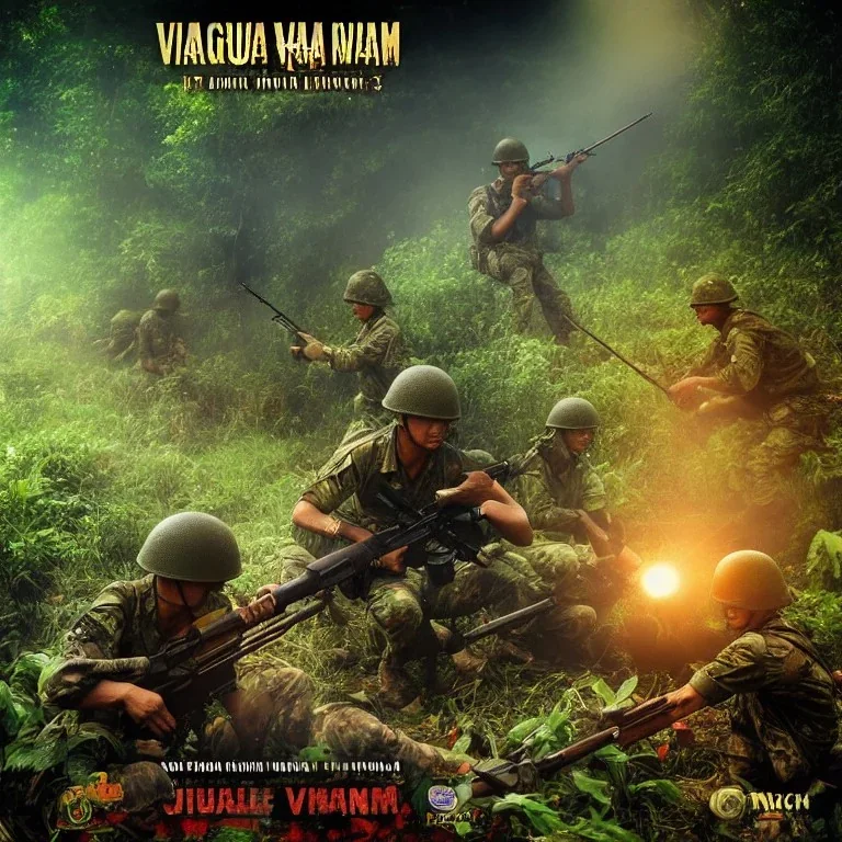 vietnam war. jungle. cd cover. bokeh. lens flare. warm lights. high detailed