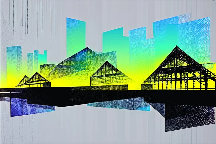 Double exposure transparent glich picture silhouette of a building, bridges, white noise, distorted, abstract patterns, glitch art with distorted shapes, optical illusion, gray-yellow and blue gradient effect, rhythmic noise particles. Grain scored texture. Black background.