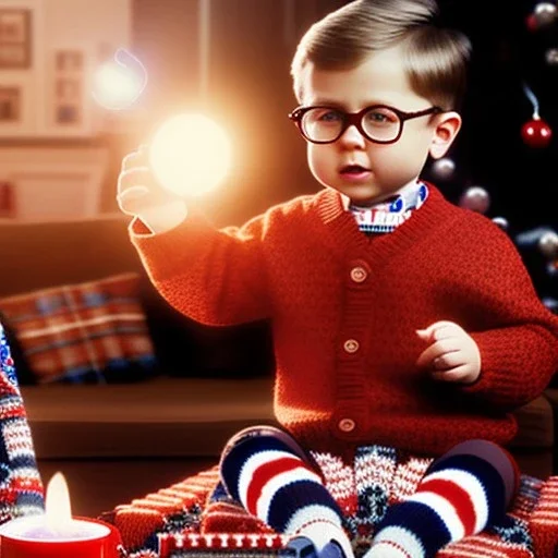 living room scene, ralphie peter billingsley glasses, boy in argyle sweater holding a (red soap)