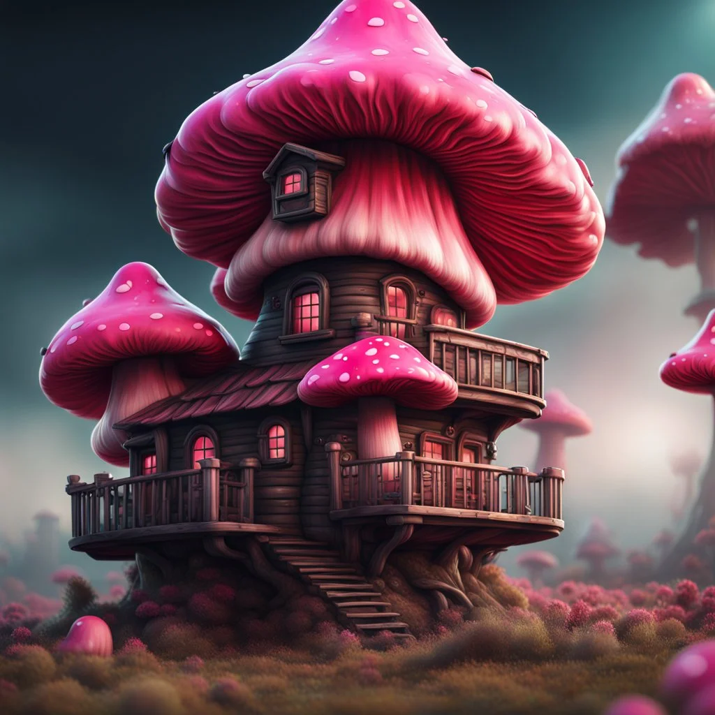 A funny floating mushroom house in space. neutral colors, black pink red, Detailed gloss Painting, rich color, fantastical, intricate detail, splash screen, hyperdetailed, insane depth, concept art, 8k resolution, trending on Artstation, Unreal Engine 5, color depth, dynamic lighting, splash art, dramatic, masterpiece, excellent quality beautiful Imaginative, unique,