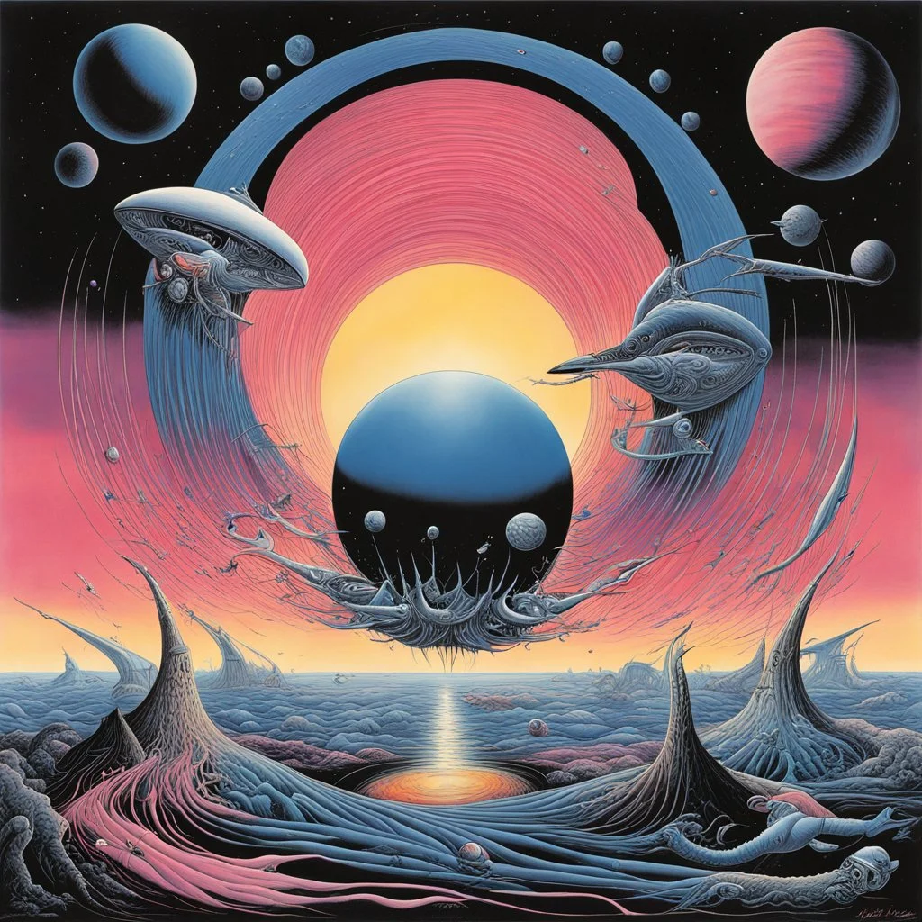 One of these days goodbye great blue gig in the sky!, by Gerald Scarfe, by Jim Burns, by Emek, surreal mindbending illustration, space opera solar winds, heavy dreamy colors, Pink Floyd aesthetics, cosmic drama, trippy album cover