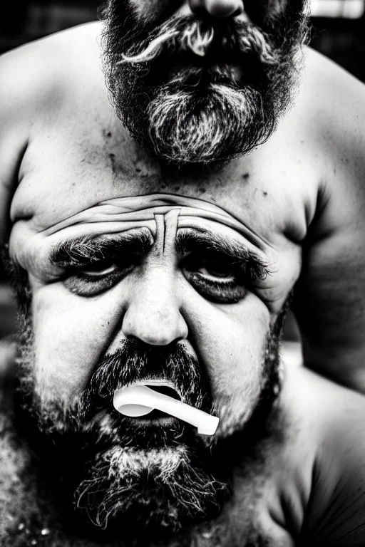 close up photography, dirty burly chubby Italian strong 48 years old homeless man, spitting milk from open mouth, dripping on the beard, with dirty tank top, emotional eyes, manly chest, photo, Canon EOS, lens 35mm, natural lights, 8K, in the morning