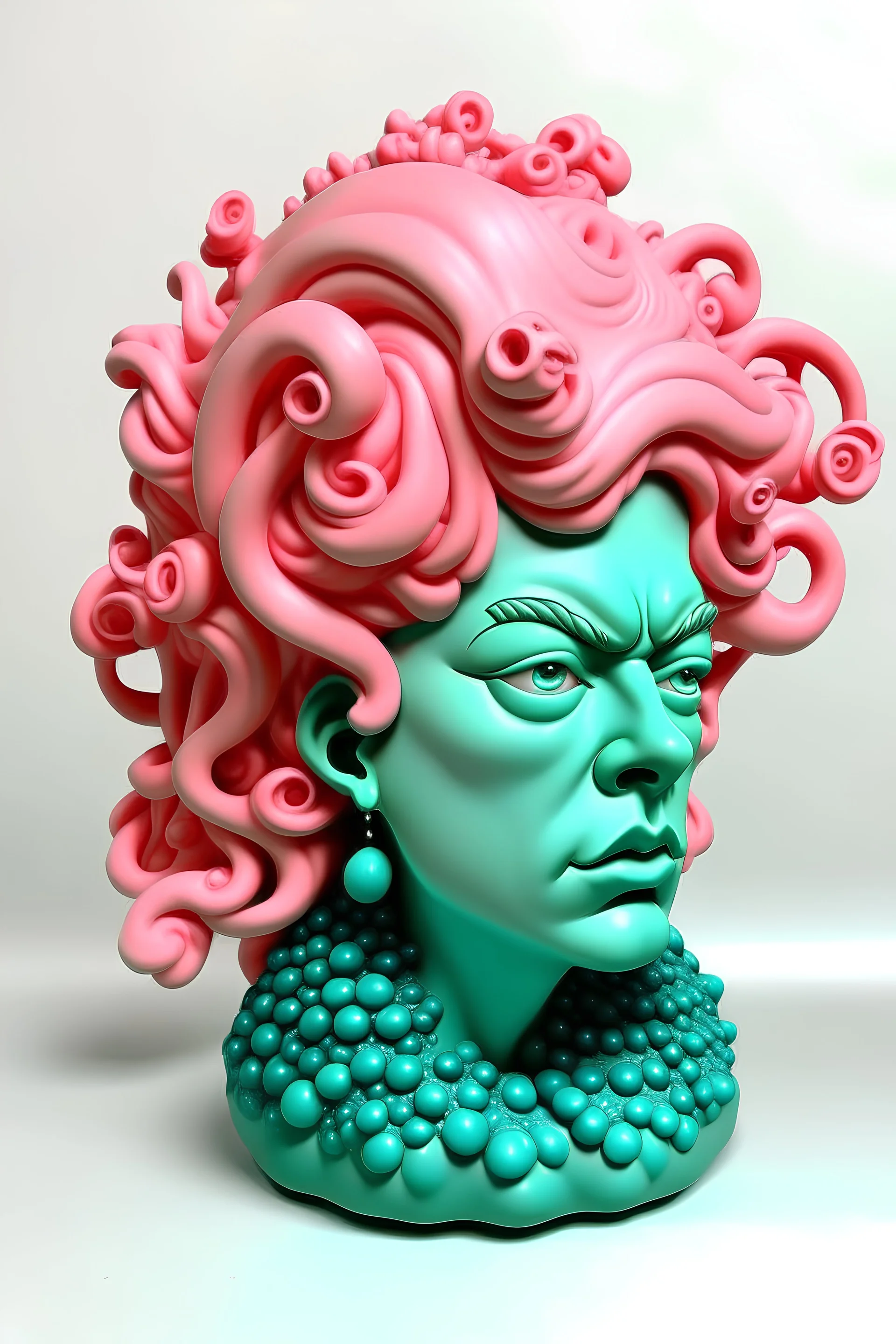 Full rubber female face with rubber effect in all face with mint big freckles and pink octopus hair sponge rubber effect