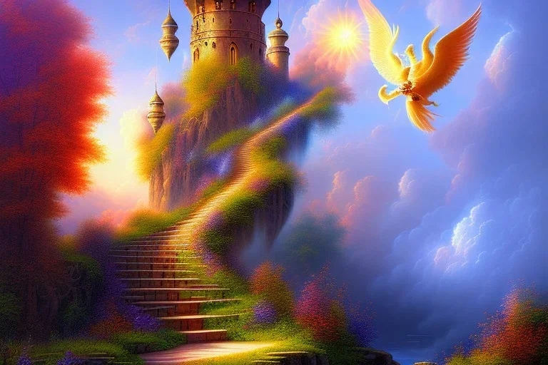 mythical long stairway up to heaven in the sky, beautiful colours, romanticism, fine art