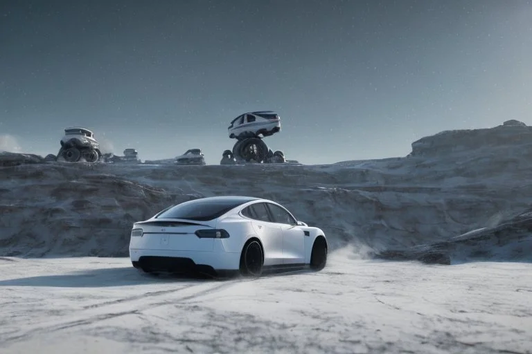 A Tesla 'Model S' is drifting at top speed, on the planet 'Hoth'. CINEMATIC. WIDE ANGLE LENS. PHOTO REAL.