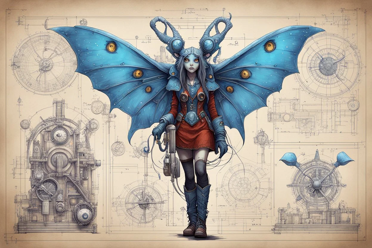 Jean-Baptiste Monge style hand drawn technical,full body portrait illustration , with detailed blueprints and engineering schematics of a walking hybrid Atlas moth insect girl, with highly detailed facial features with multi cellular eyes, drawings, and technical notation, 8k, vibrant natural colors