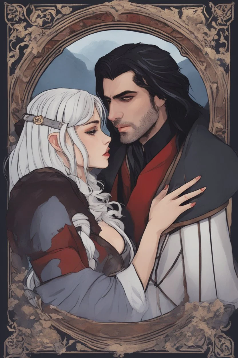 A couple from the dnd game curse of Strahd kissing. She has white hair he has long black hair.