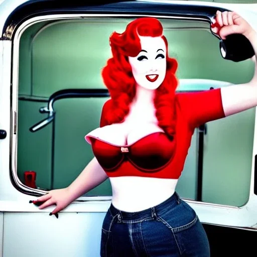 pinup girl, square shirt, red hair, beautiful, cute, red lips, close to a fuel pump.