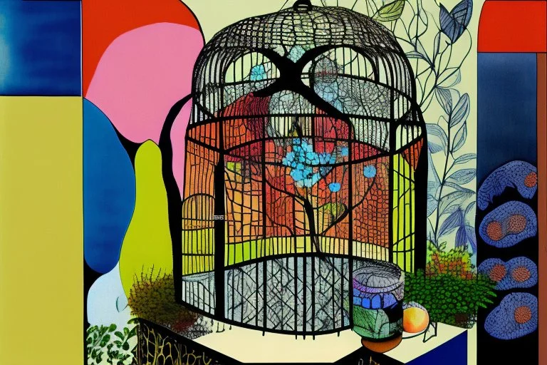 darkness reveals steal dirty cage inside is a garden of eden lit dimly in the style of Eileen Agar