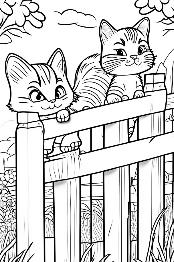 coloring page for kids, Cats on a fence, cartoon style, thick lines, low detail, no shading