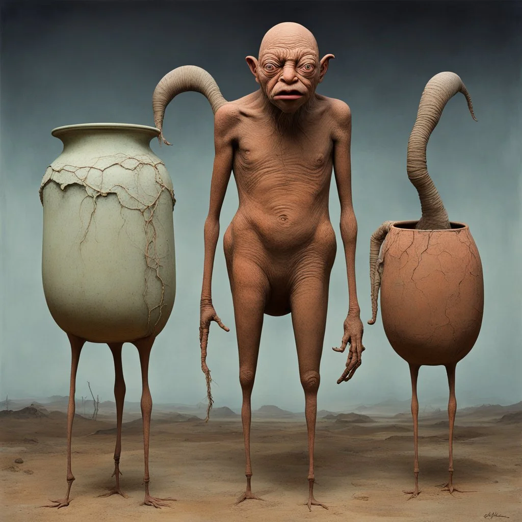 Eccentric Anthropomorphic clay Pottery with legs, surreal, by Zdzislaw Beksinski. by Gerald Scarfe, by Roger Ballen, photorealism, weird, sinister, dreamscape