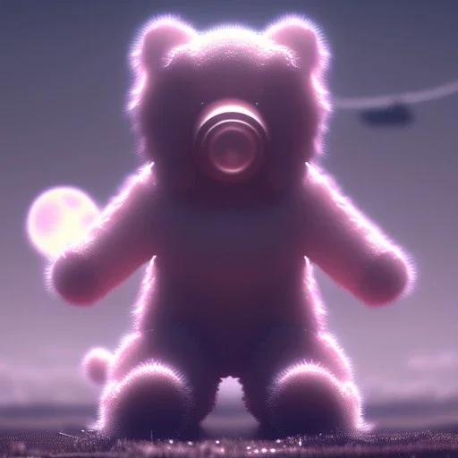 post apocalyptic setting with pastel pink teddy bear sitting on the ground