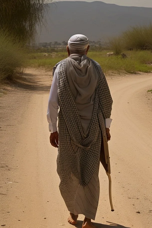 An old man wearing an Arabic keffiyeh, his back bent, walking barefoot, holding his cane upside down, looking back and holding his shoe in his hand.