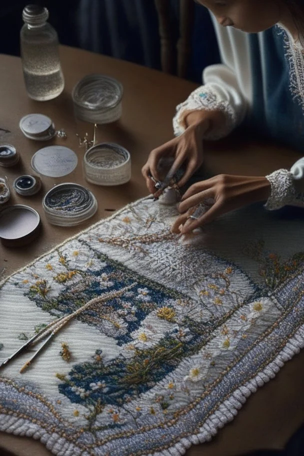 Hand sewn and embroidered Alicia Vikander, threads, sewing needles on a table on lace blanket