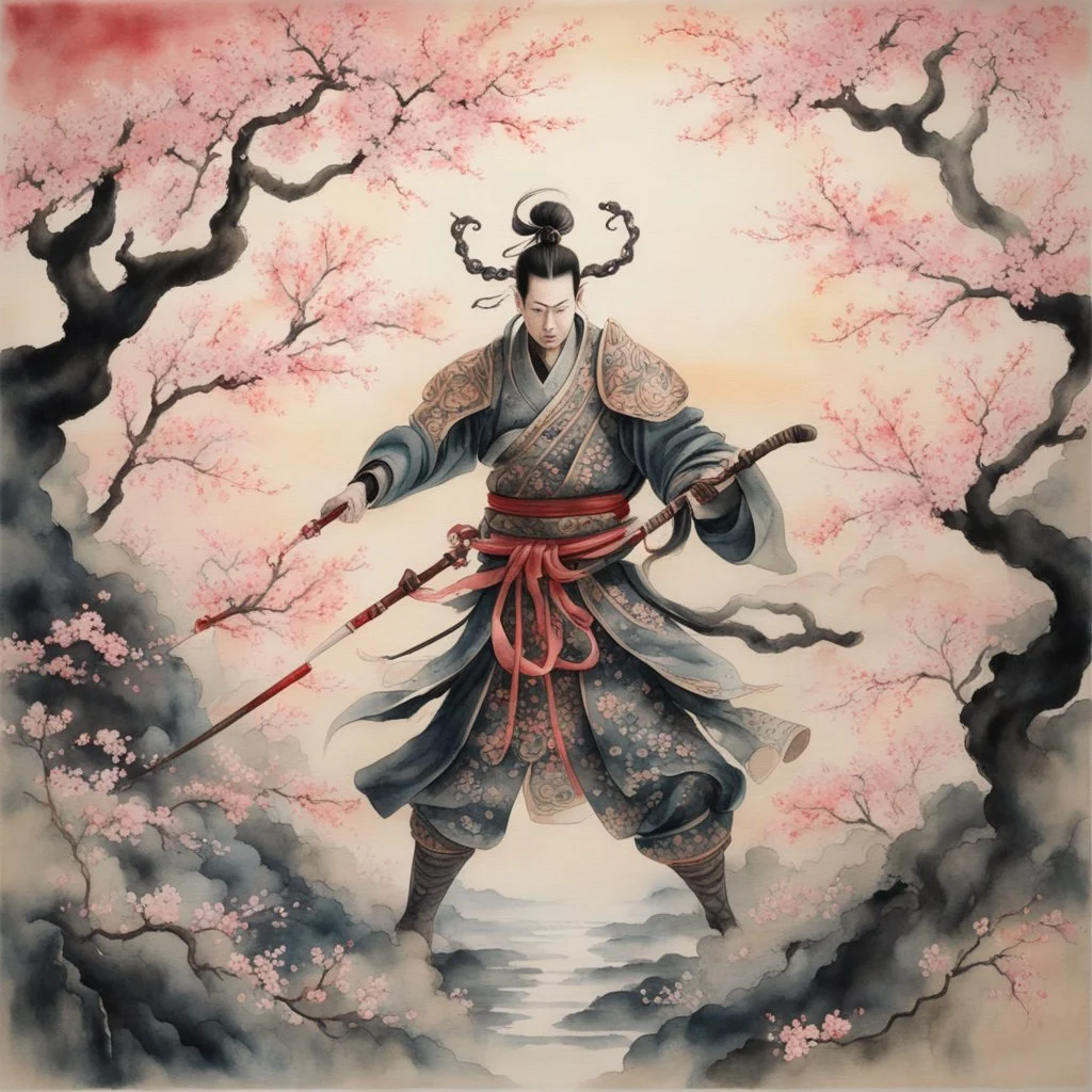 Chinese watercolor on silk painting, fantastical Lovecraftian Samuri warrior in a zen cherry blossom garden, dynamic composition, large sun in background, natural lighting, spring colors, complex contrast, vertical Chinese calligraphy, epic masterpiece