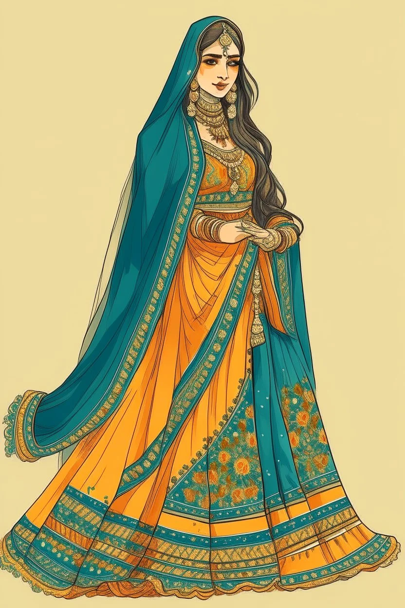 AN ILLUSTRATION OF a girl wearing mehdi lehnga dress