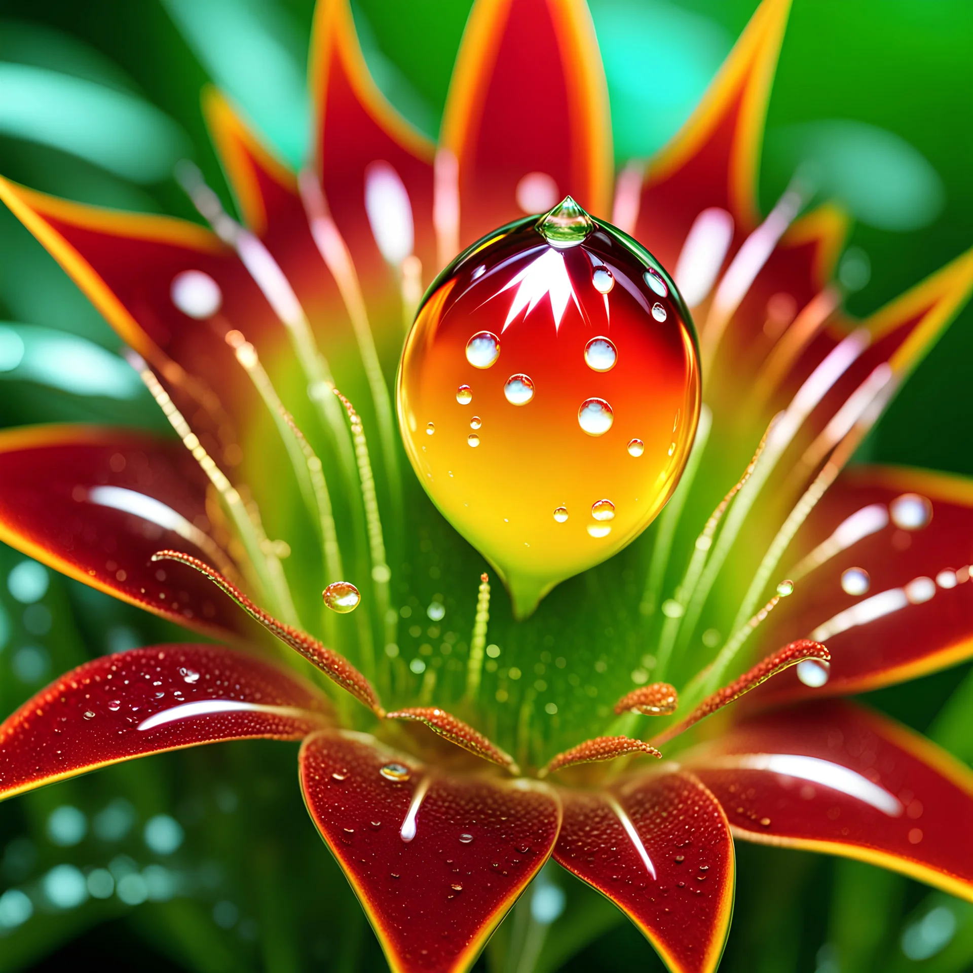 extremely magnified close-up of a dew drop with a lightning strike inside, 8K 3D, octane render, photorealistic, colorful, triadic colors, award winning, crisp quality, double exposure surrealism, soft focus, beautiful, cinematic post-processing, volumetric lighting, dynamic lighting, masterpiece, hyperdetailed, ultrarealistic, ethereal, meticulous, radiant, polished, twilight, light dust, iridescent