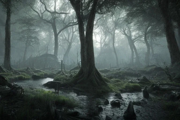  burial grounds deep in a dense forest, dark fantasy, moonlight shafts, night time