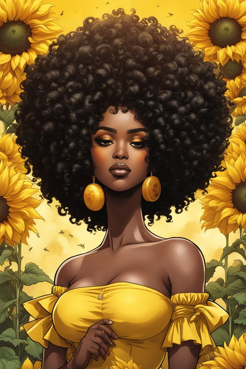 Create an comic book art image of a curvy black female wearing a yellow off the shoulder blouse and she is looking down holding the Leo astrological sign with Prominent makeup. Highly detailed tightly curly black afro. Background of large yellow sunflowers surrounding her