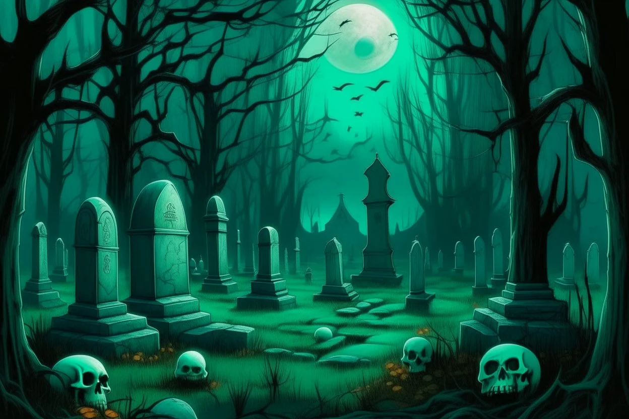 A blackish teal haunted graveyard with floating glowing orbs painted by Vincent van Gogh