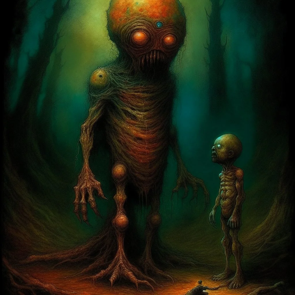 Puppet banishment, Lovecraftian homage to madness, fear of being alone, warm colors, creepy eldritch aesthetic. By Dan Mahurin, by Zdzislaw Beksinski and Esau Andrews and Gabriel Pacheco, color ink illustration, creepy, eerie, scary colors, opulent shadows, by Rex Ray, inkwashed oil paint