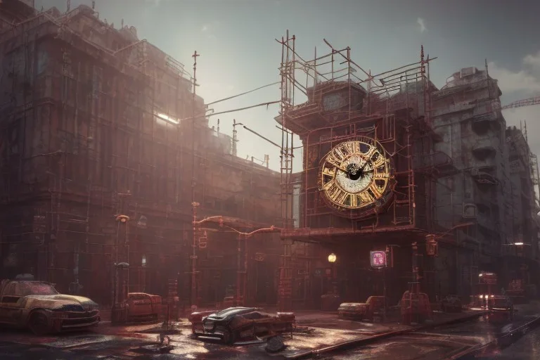 galactic, scaffolding, rusted clock, rusted cogwheel, cyberpunk, cinematic, cinema 4d render, high detail