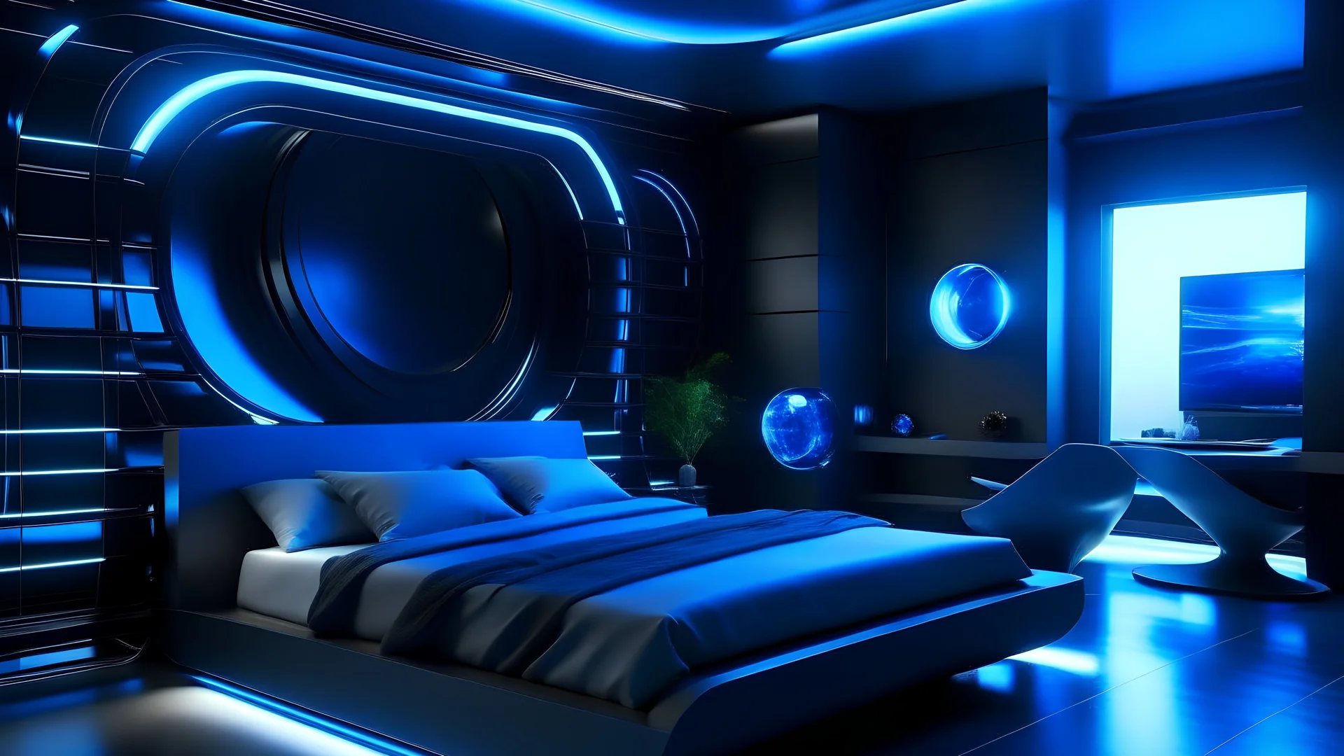 futuristic bedroom, blue and black colors