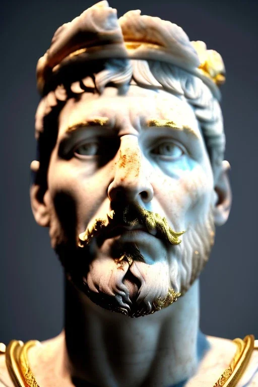 Realistic image, Roman sculpture made in white marble with gold veins, Lionel messi with gold halo crown, two blue brushes, decorative star on the chest, waist up portrait, marble material, gold ornaments, Baroque style, sun rays background, epic, celestial, cinematic lighting, God lights, 4k resolution, smooth details, soft lighting, unreal engine 5, art station, substance 3d.