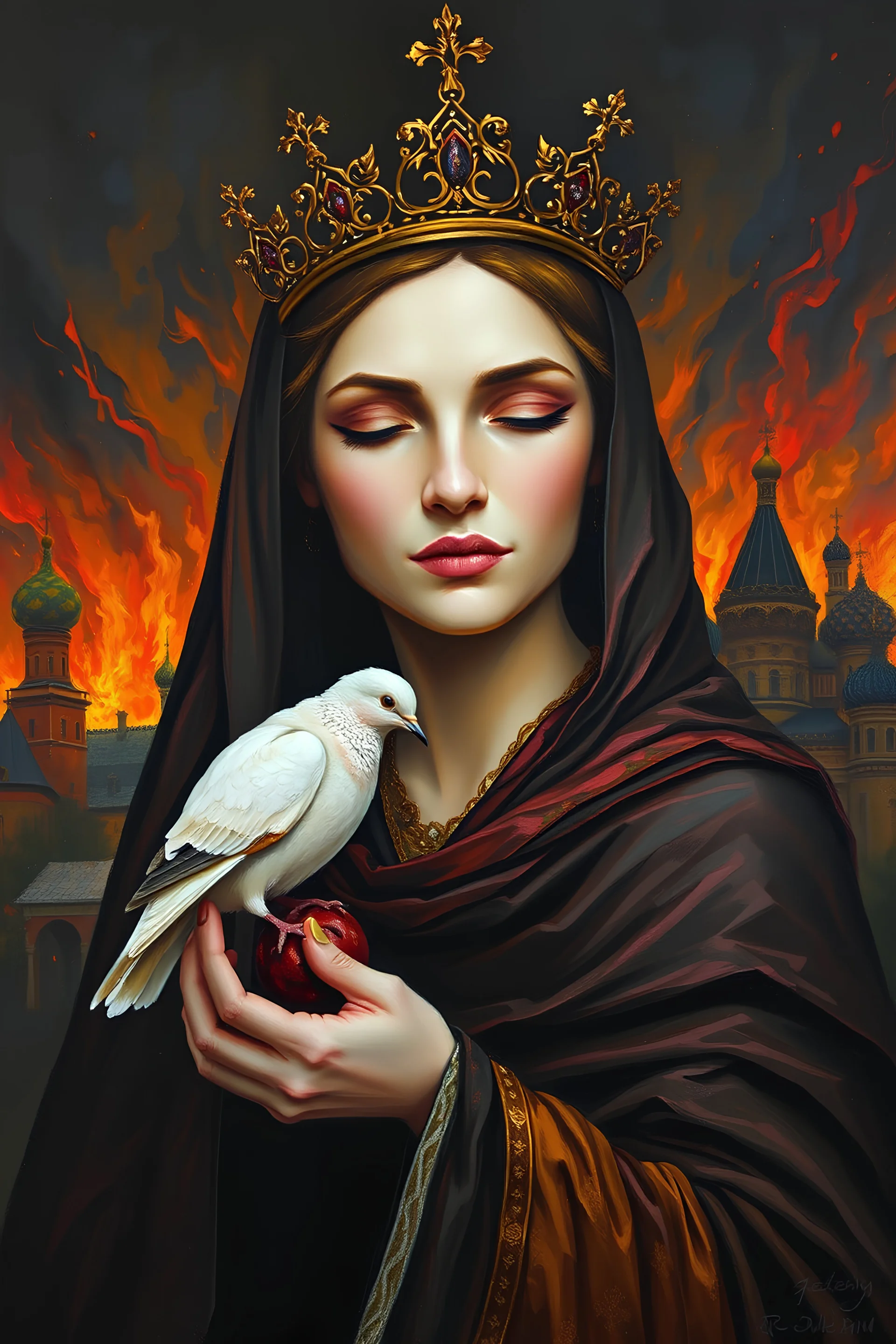 painting of a woman with a bird on her hand, Princess Olga, Dragan Bibin style, emotion, dove, oil, acrylic, crown, Russian heritage, dark fiery background of the ancient city