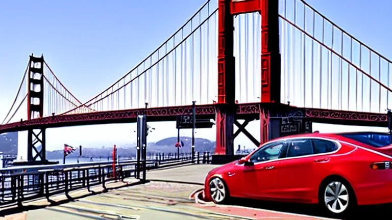 A Tesla's 'Model S Plaid' is racing at top speed, over the 'Pier 39', in San Francisco. CINEMATIC. WIDE ANGLE LENS.