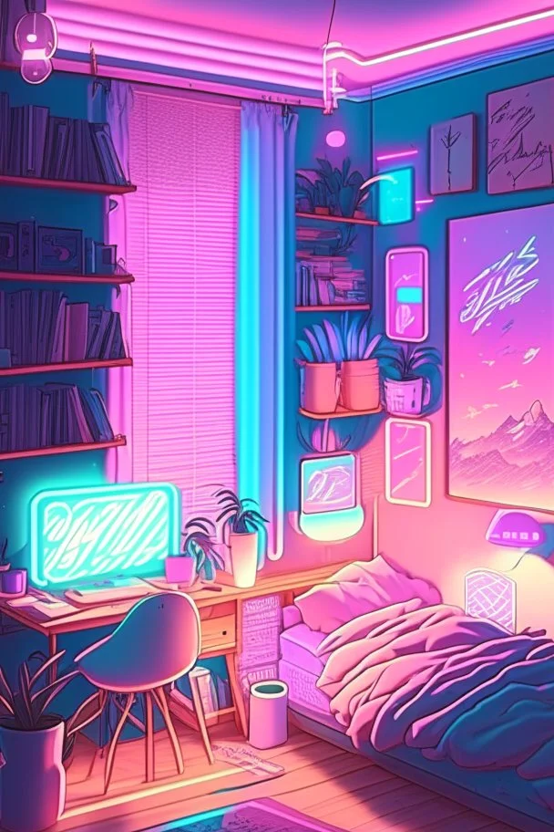 a drawing of the girl's room is adorned with neon and light up posters, in the style of pastel, anime aesthetic