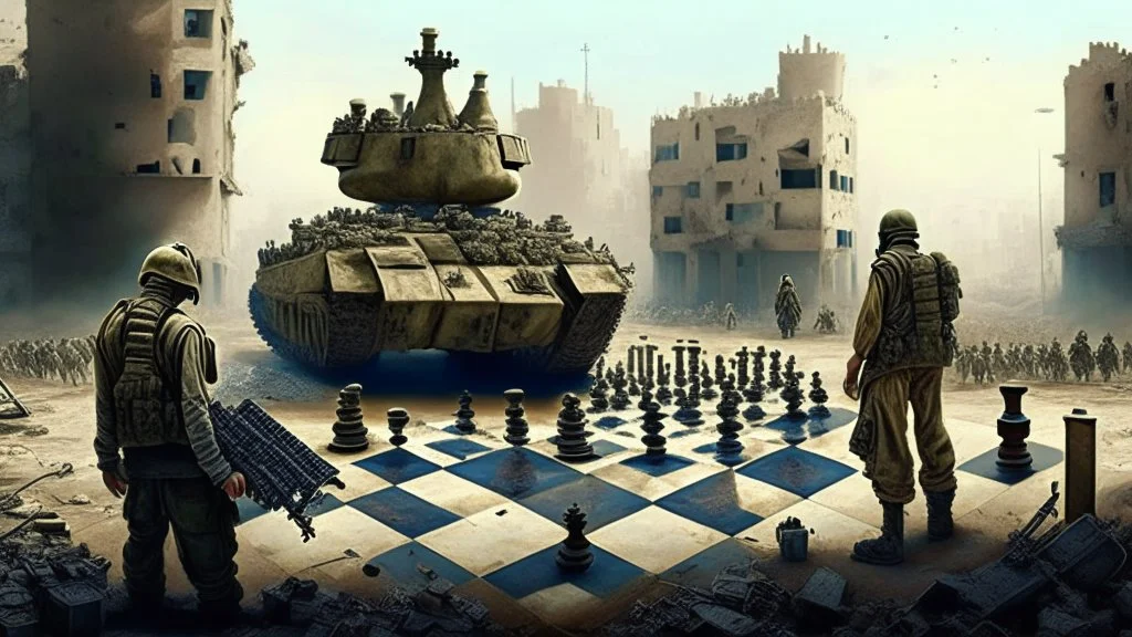 Israeli soldiers and tanks stand on a very large chessboard in the middle of a destroyed city