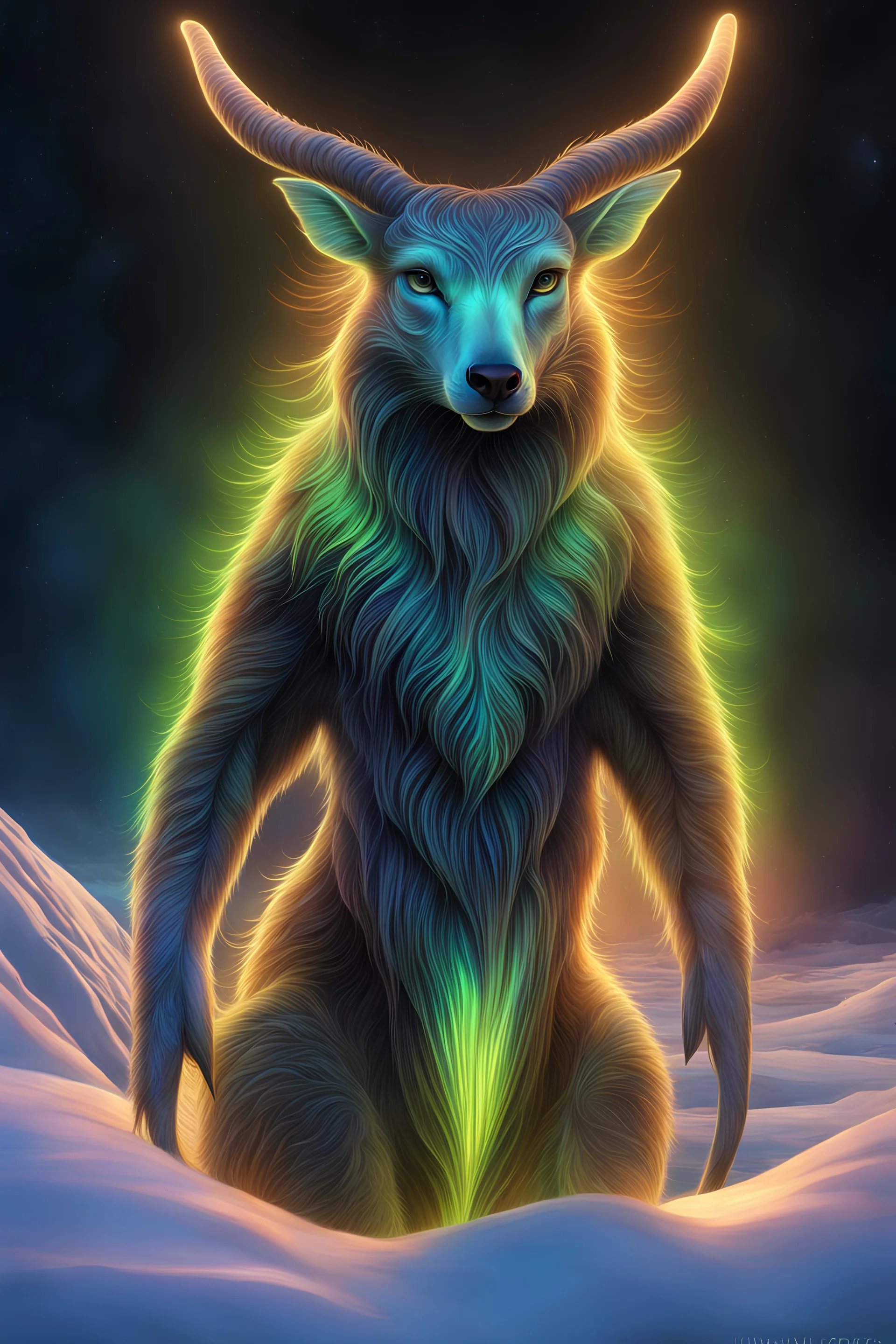 A stunning full body photo of a strange land creature made of aurora borealis, glowing, nene thomas, volumetric atmosphere, best quality, sharp focus, highres, vibrant intricate, insanely detailed, breathtaking, precise lineart, comprehensive cinematic, max detail, 4k uhd, digital art, adward winning, trending on artstation, dynamic pose