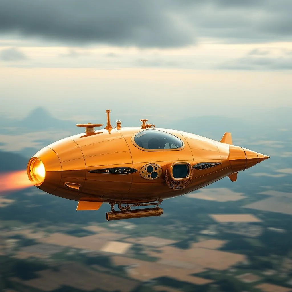 award winning photograph of a steampunk house-fly ufo dirigible designed by only one vehicle per image painted metallic orange traveling at a high rate of speed, jet intake off of front center of vehicle and jet exhaust out the rear bilaterally symetrical,