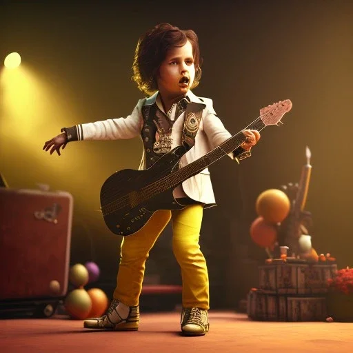 Origami, 3d render, Alice Cooper toddler, full body, guitar, dramatic lighting, volumetric lighting, music studio, background, hyper realistic, unreal engine 5, 8k, UHD,