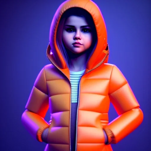 3d render, Selena Gomez toddler, full body, orange puffer jacket, dramatic lighting, concert background, hyper realistic, unreal engine 5, 8k, UHD,