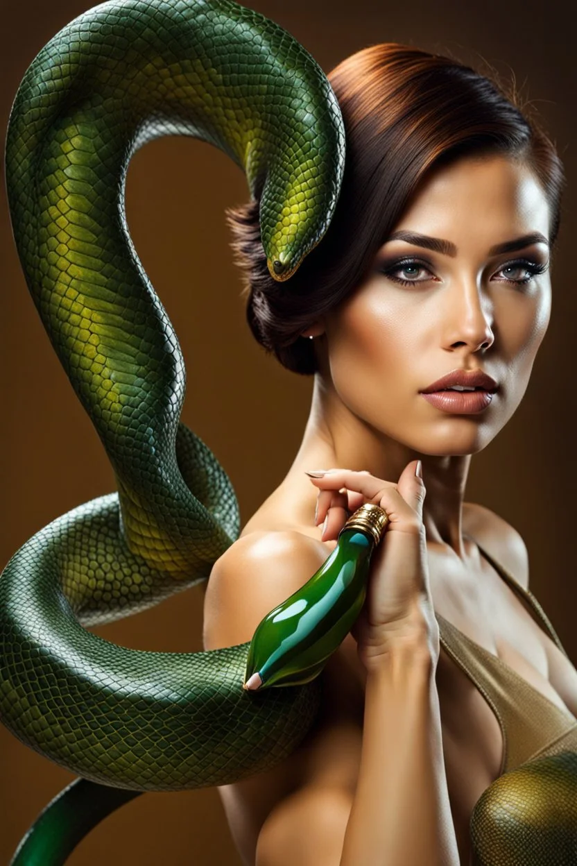 female beauty model, full of oil, real model, beautiful face, tall and perfect body, short hair, eva and the snake