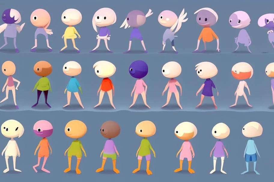 make a bunch of simple cute cartoon characters with bodies arms, and legs I could draw and make them all different